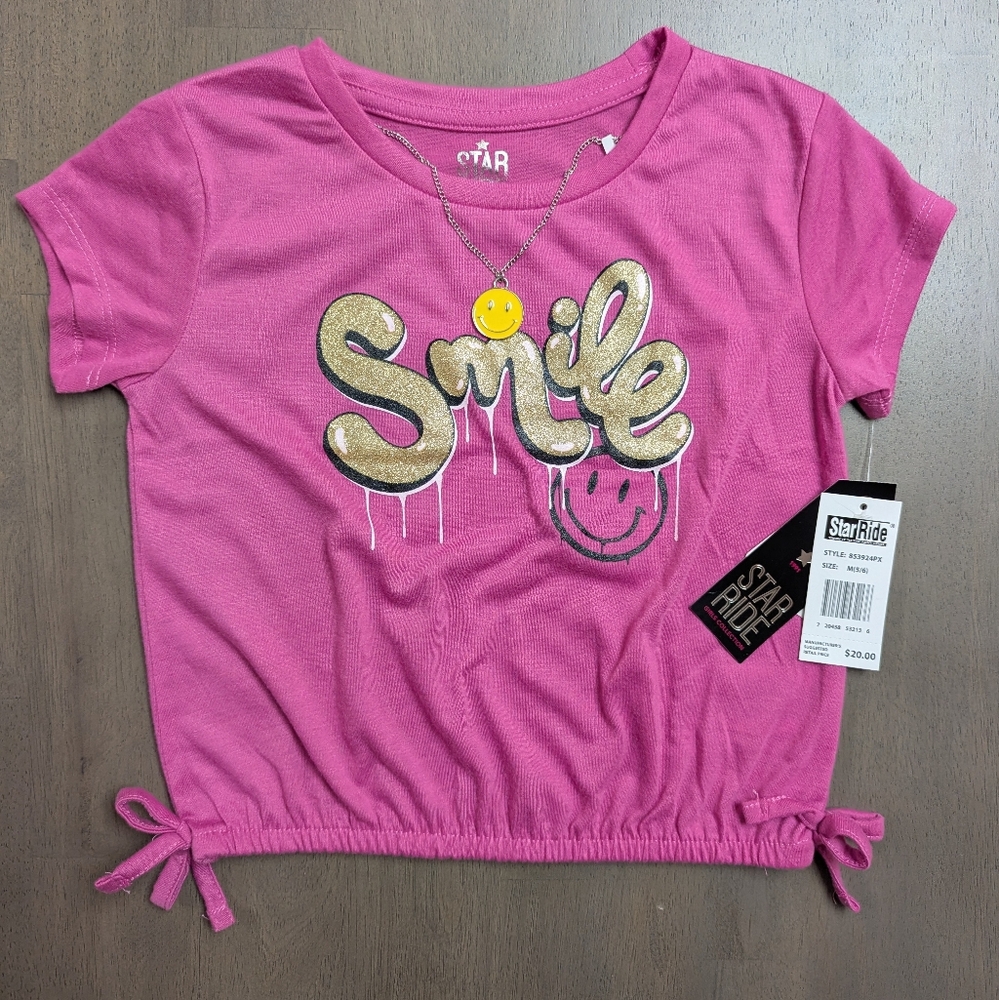 Pink Kids T-Shirt with Gold Smile attached Necklace